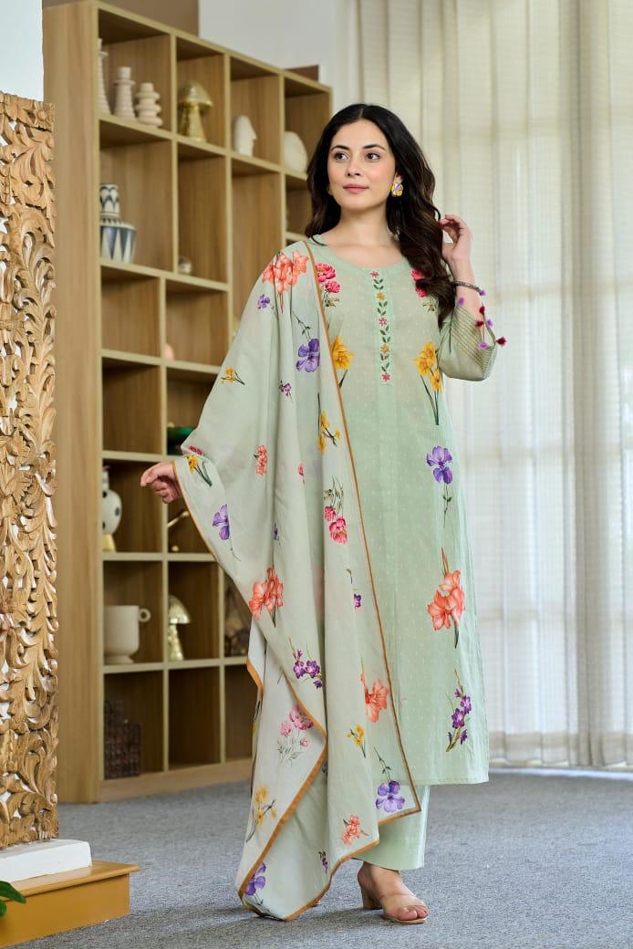 Smart cotton digital printed suit set in green