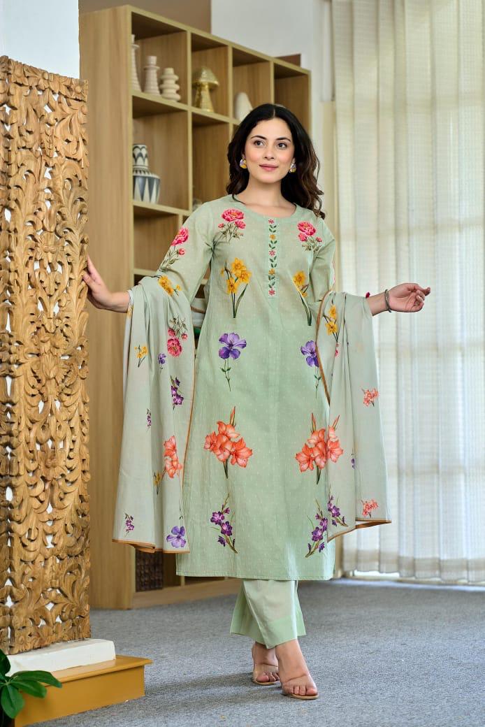 Smart cotton digital printed suit set in green