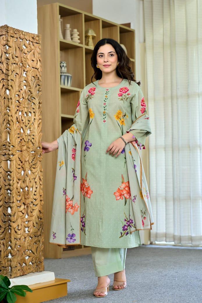 Smart cotton digital printed suit set in green