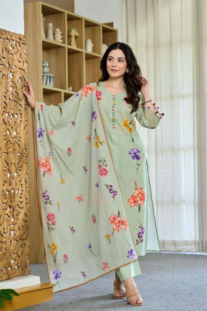 Smart cotton digital printed suit set in green