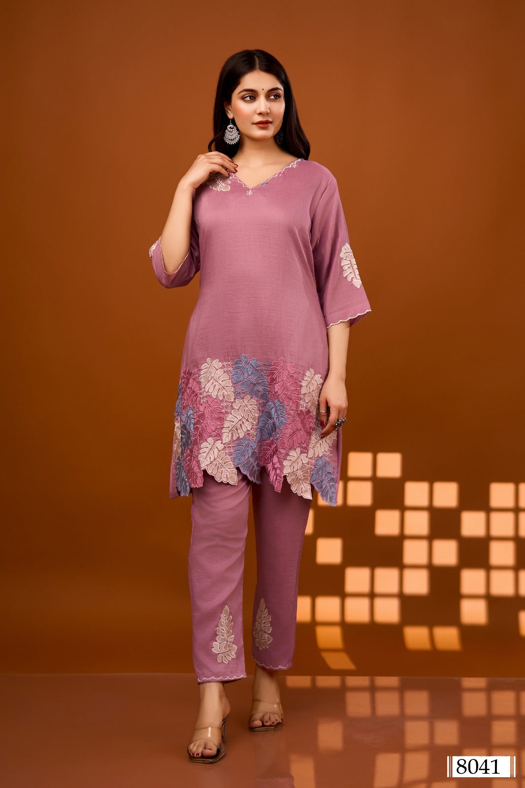 Onion pink appliqué work co ord set in silk