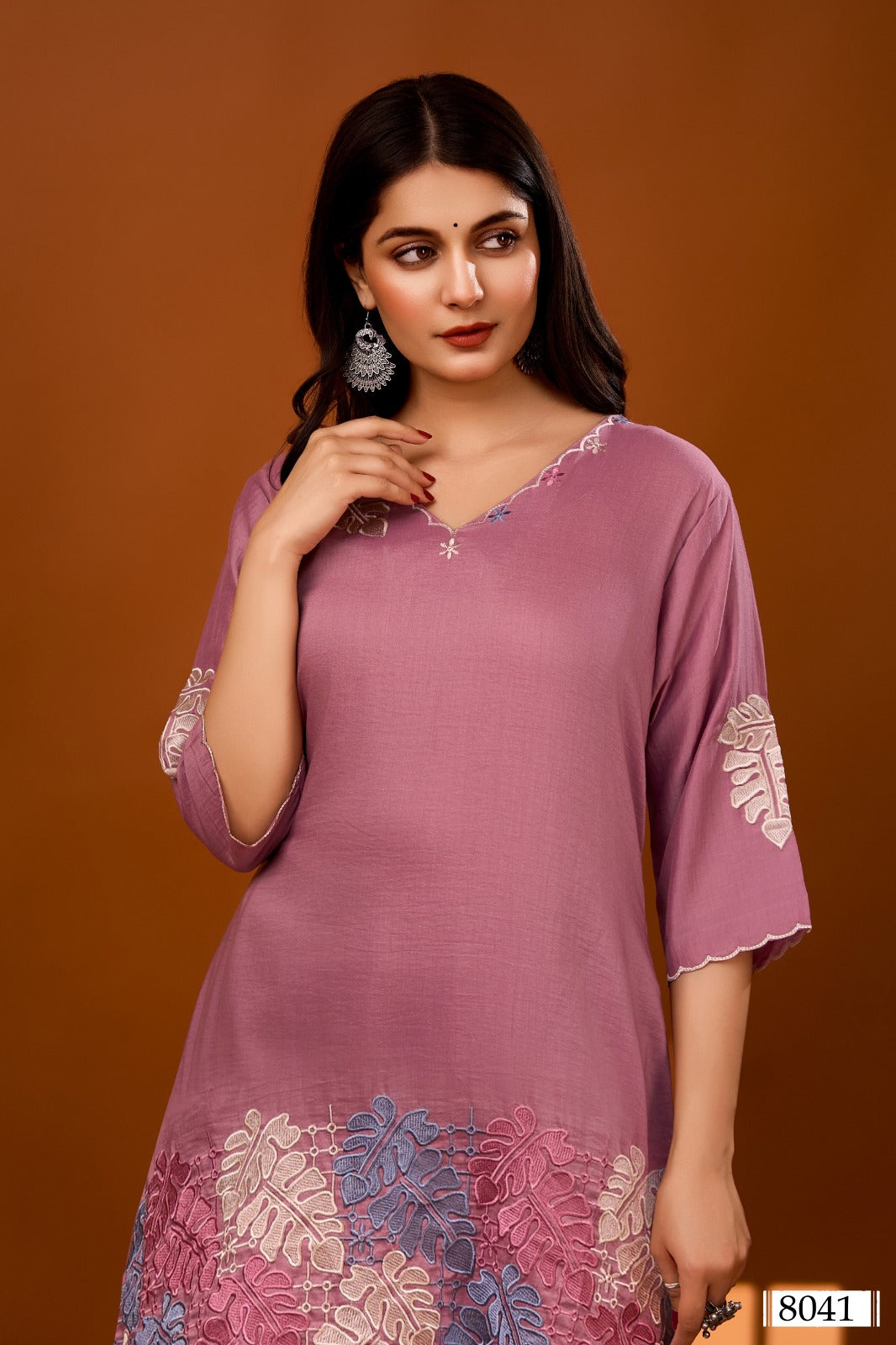 Onion pink appliqué work co ord set in silk