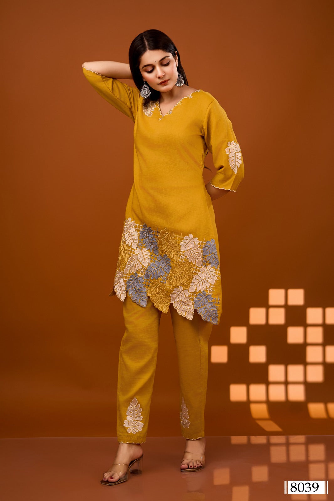 Yellow appliqué work co ord set in silk