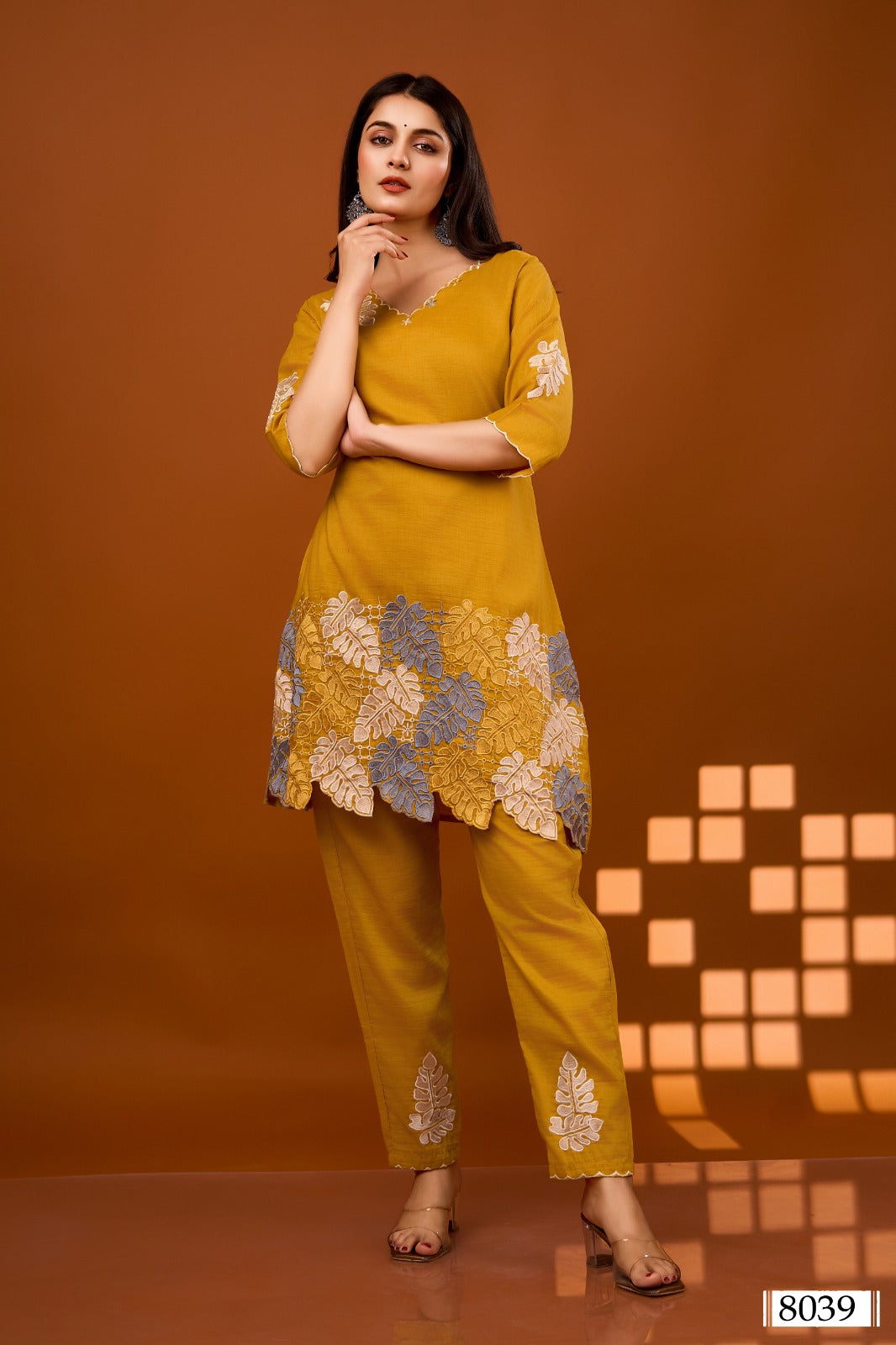 Yellow appliqué work co ord set in silk