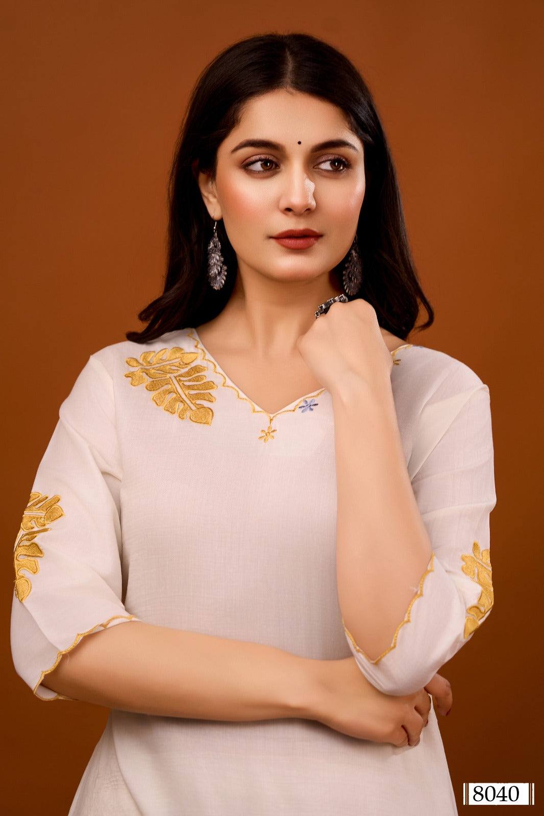 White appliqué work co ord set in silk