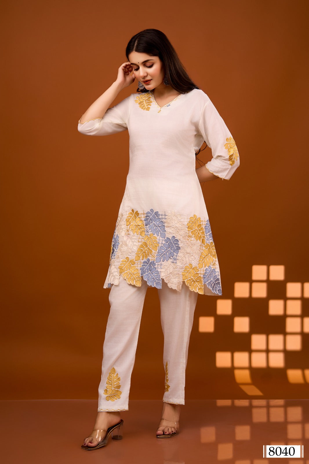 White appliqué work co ord set in silk