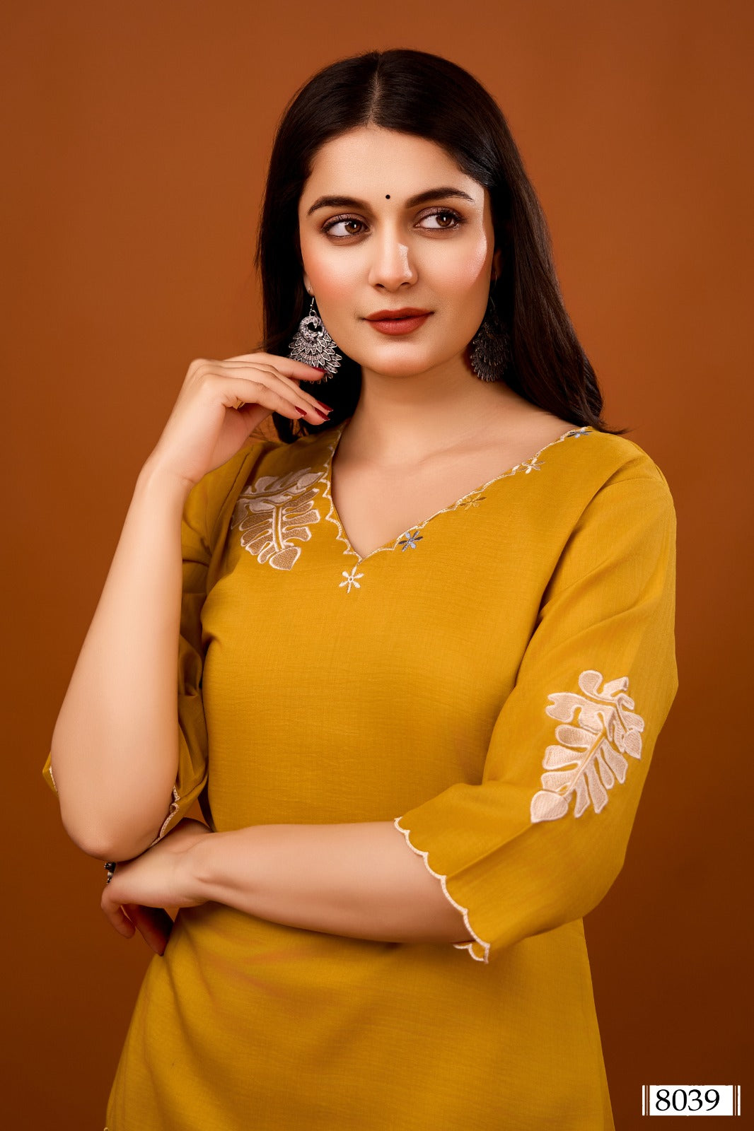 Yellow appliqué work co ord set in silk