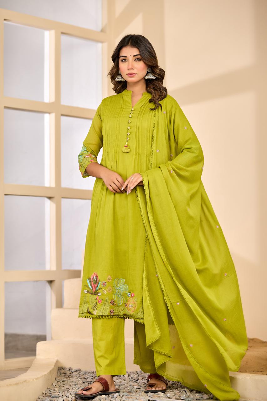 Mul cotton embroidery lining full suit set in green