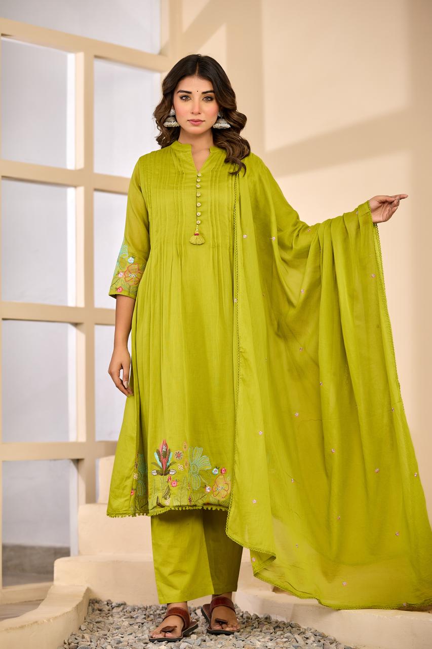 Mul cotton embroidery lining full suit set in green