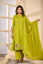 Mul cotton embroidery lining full suit set in green