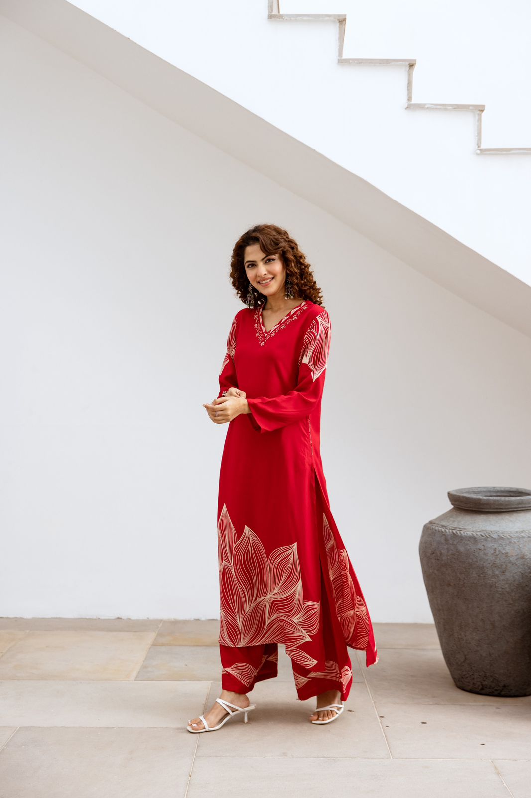 Heavy rayon designer palazzo set in red