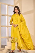 Mul cotton embroidery lining full suit set in yellow