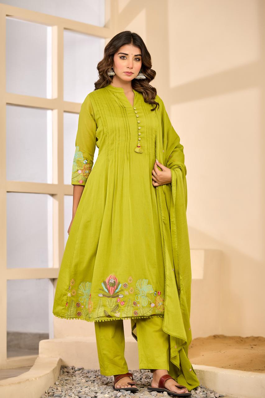 Mul cotton embroidery lining full suit set in green