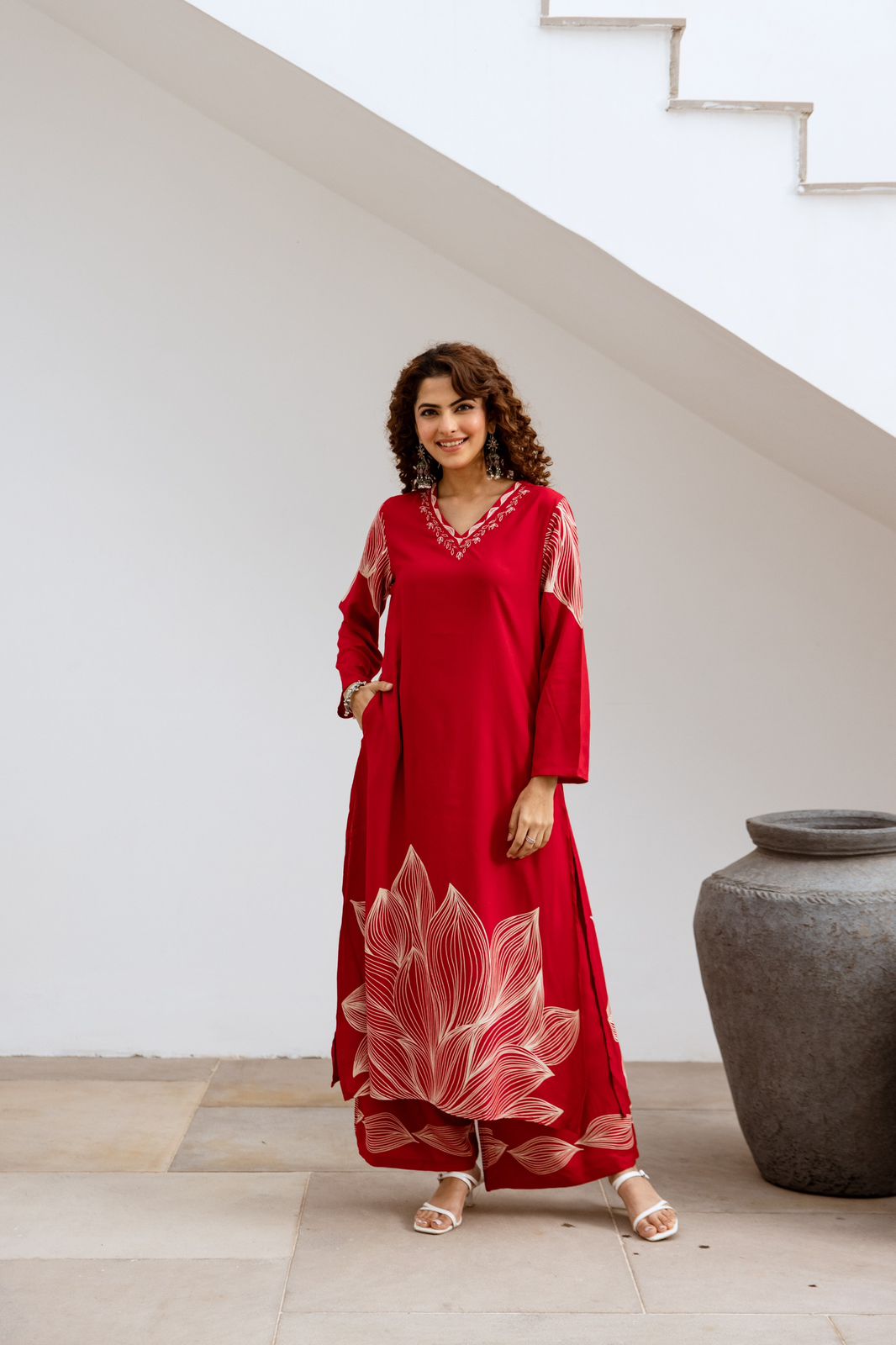 Heavy rayon designer palazzo set in red