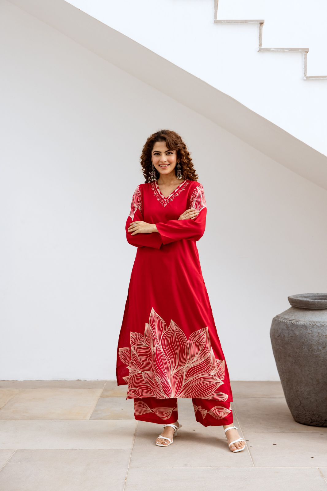 Heavy rayon designer palazzo set in red