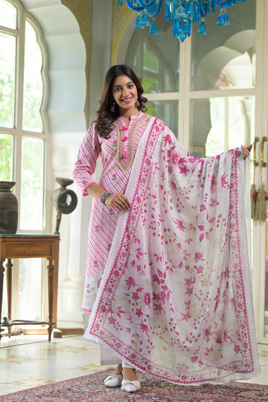 Smart cotton lehariya suit in pink