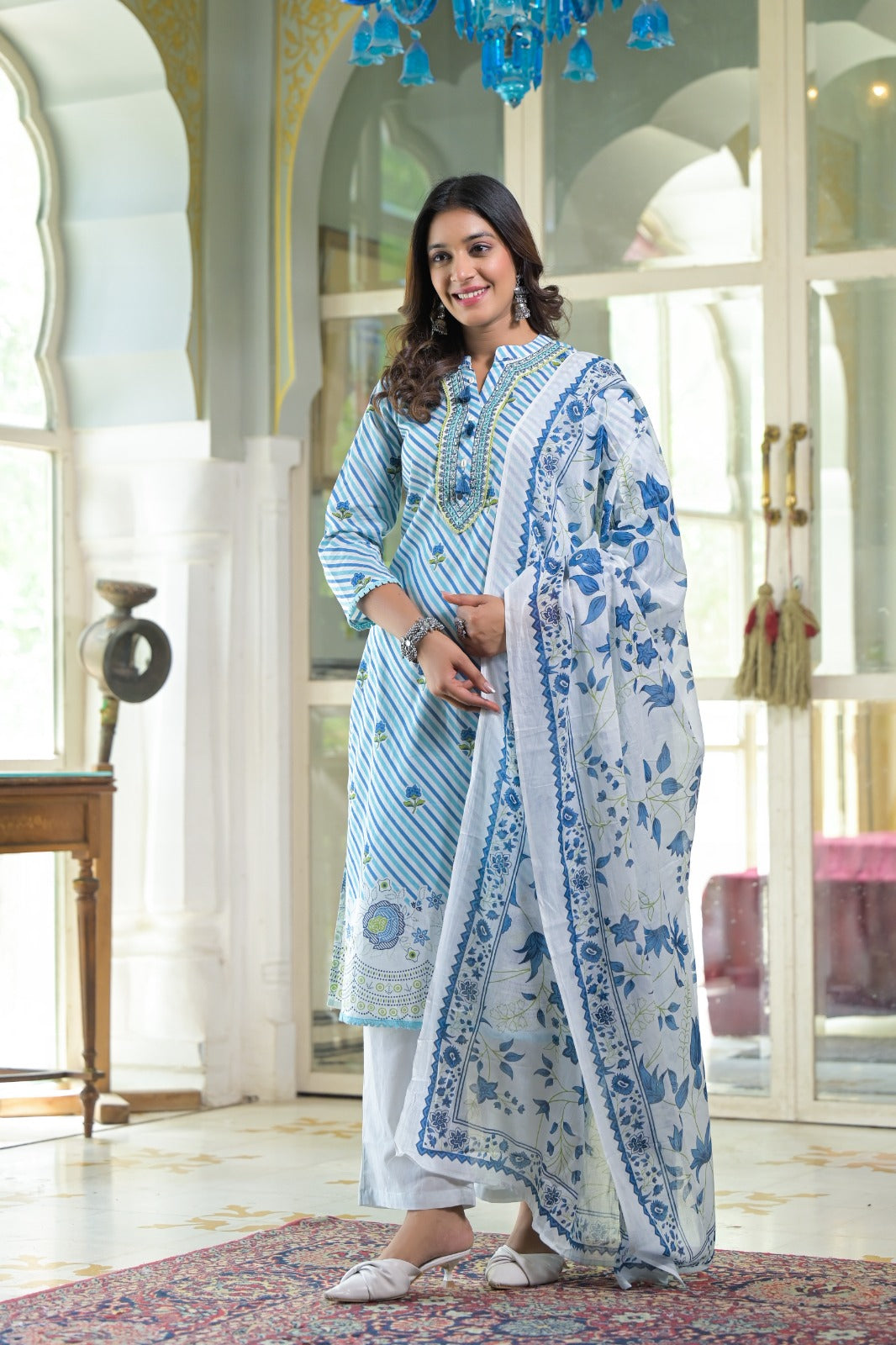 Smart cotton lehariya suit in blue