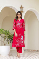 Premium dobby cotton embroidered set in pink