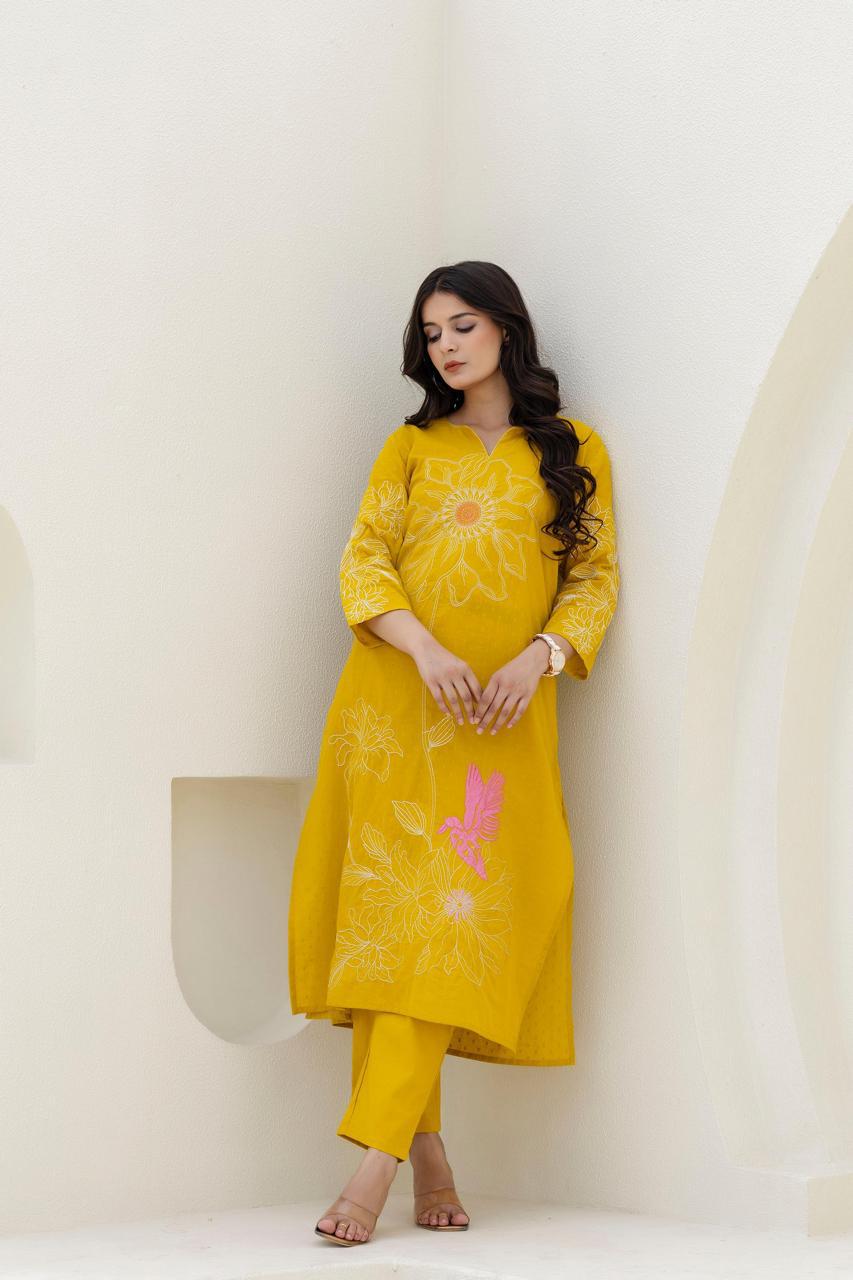 Premium dobby cotton embroidered set in yellow