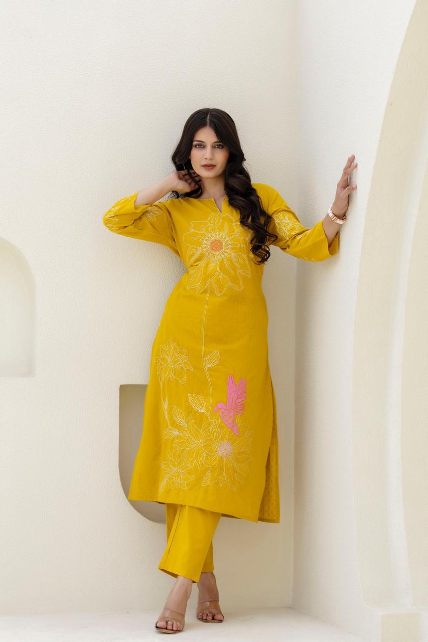 Premium dobby cotton embroidered set in yellow