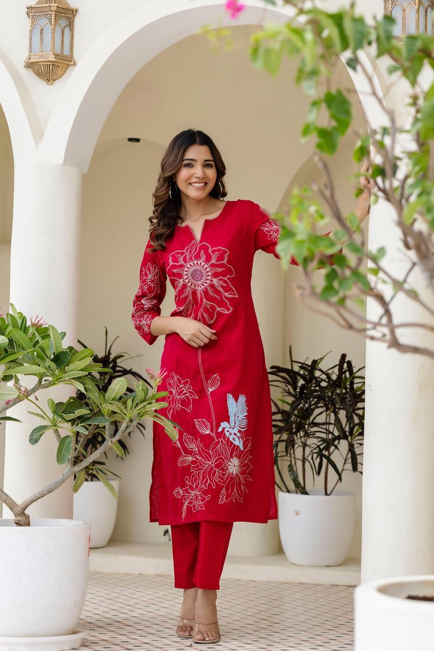 Premium dobby cotton embroidered set in pink