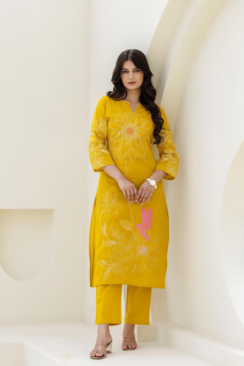 Premium dobby cotton embroidered set in yellow