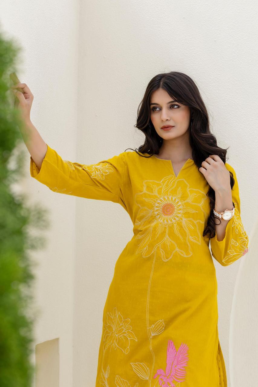 Premium dobby cotton embroidered set in yellow