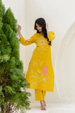 Premium dobby cotton embroidered set in yellow