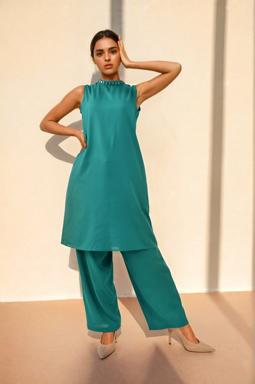 Stylish cotton co -ord set in green