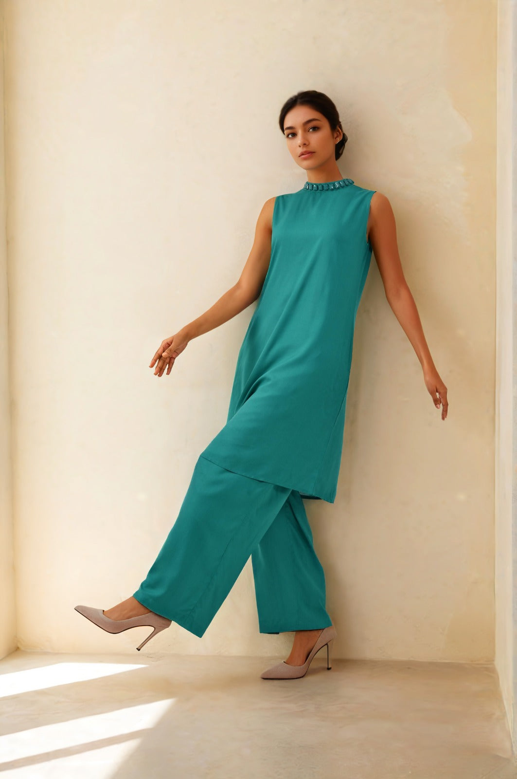 Stylish cotton co -ord set in green