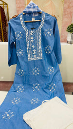 Blue embroidered cotton kurta paired with Shifli pants and shiffon