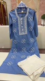 Blue embroidered cotton kurta paired with Shifli pants and shiffon