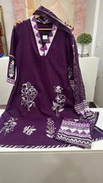 Appliqué work cotton suit with beautiful batik printed pant in purple