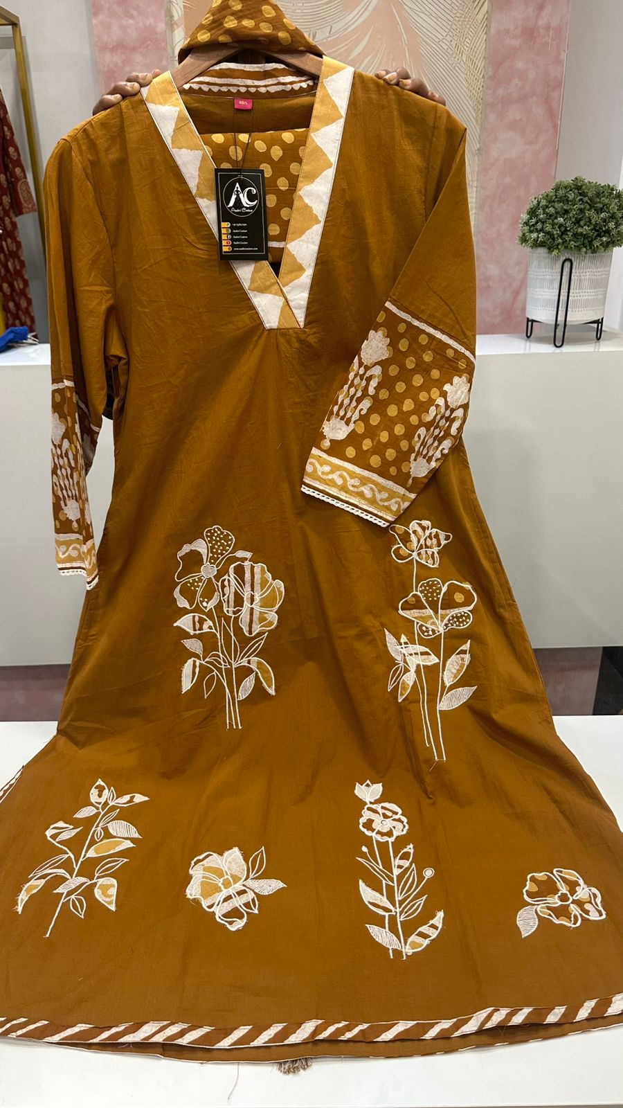 Appliqué work cotton suit with beautiful batik printed pant in mustard