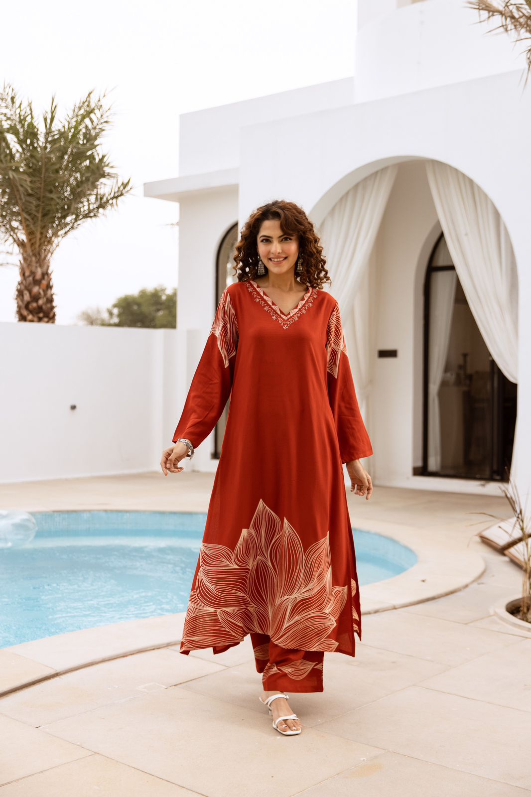 Wow wow heavy cotton slub kurta pant designer leaf pattern in rust