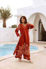 Wow wow heavy cotton slub kurta pant designer leaf pattern in rust