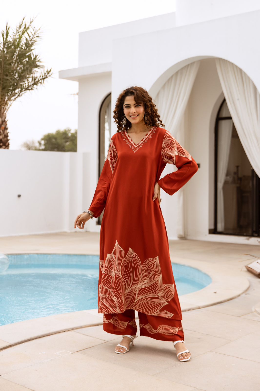 Wow wow heavy cotton slub kurta pant designer leaf pattern in rust