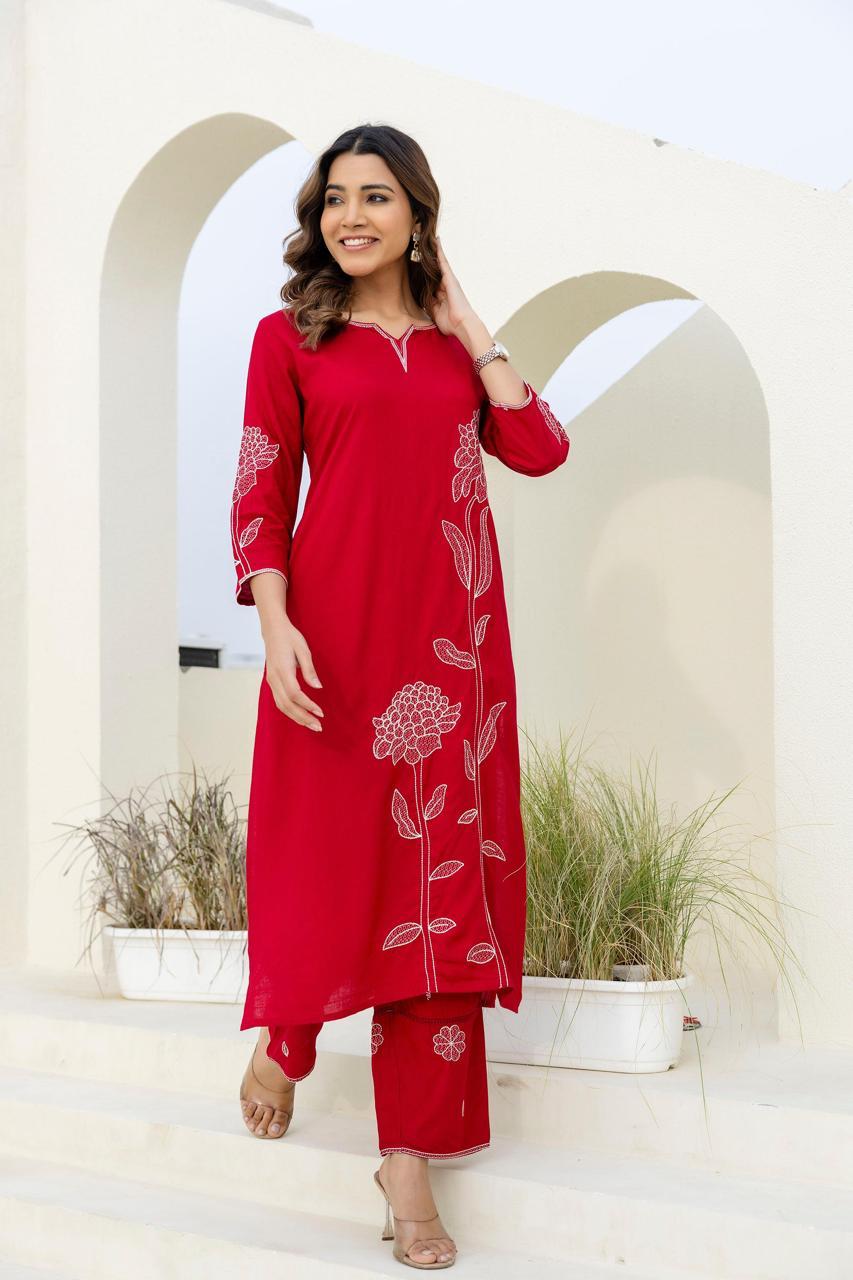 Slub cotton fully embroidered pinkish red kurta pant