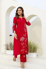 Slub cotton fully embroidered pinkish red kurta pant