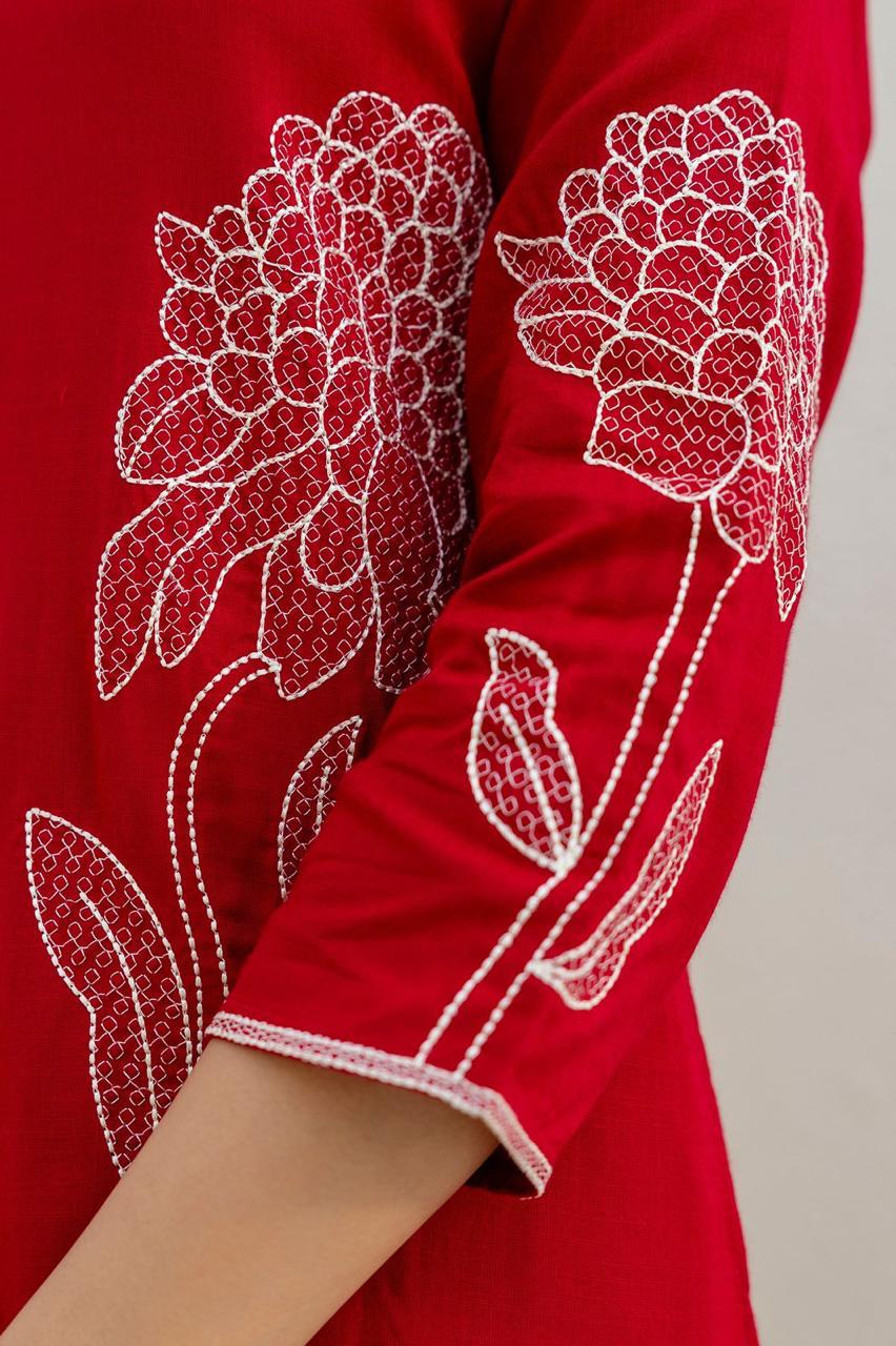 Slub cotton fully embroidered pinkish red kurta pant