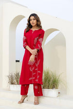 Slub cotton fully embroidered pinkish red kurta pant