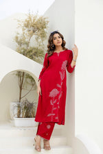Slub cotton fully embroidered pinkish red kurta pant