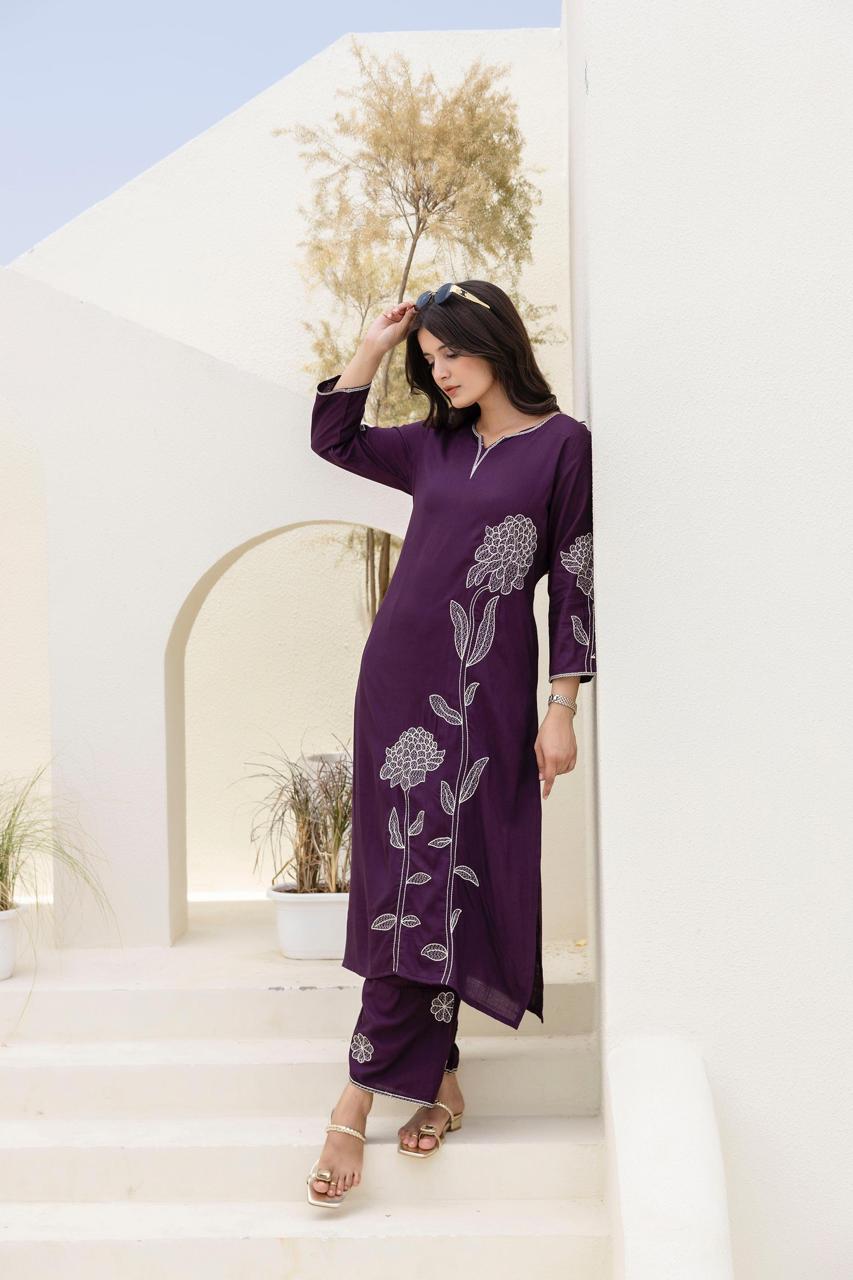 Slub cotton fully embroidered jamuni colour kurta pant