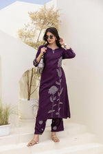 Slub cotton fully embroidered jamuni colour kurta pant