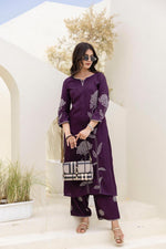 Slub cotton fully embroidered jamuni colour kurta pant