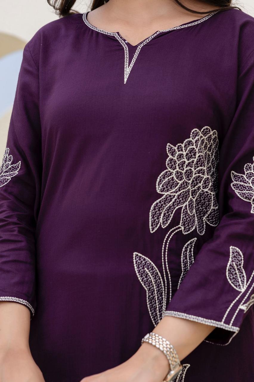 Slub cotton fully embroidered jamuni colour kurta pant