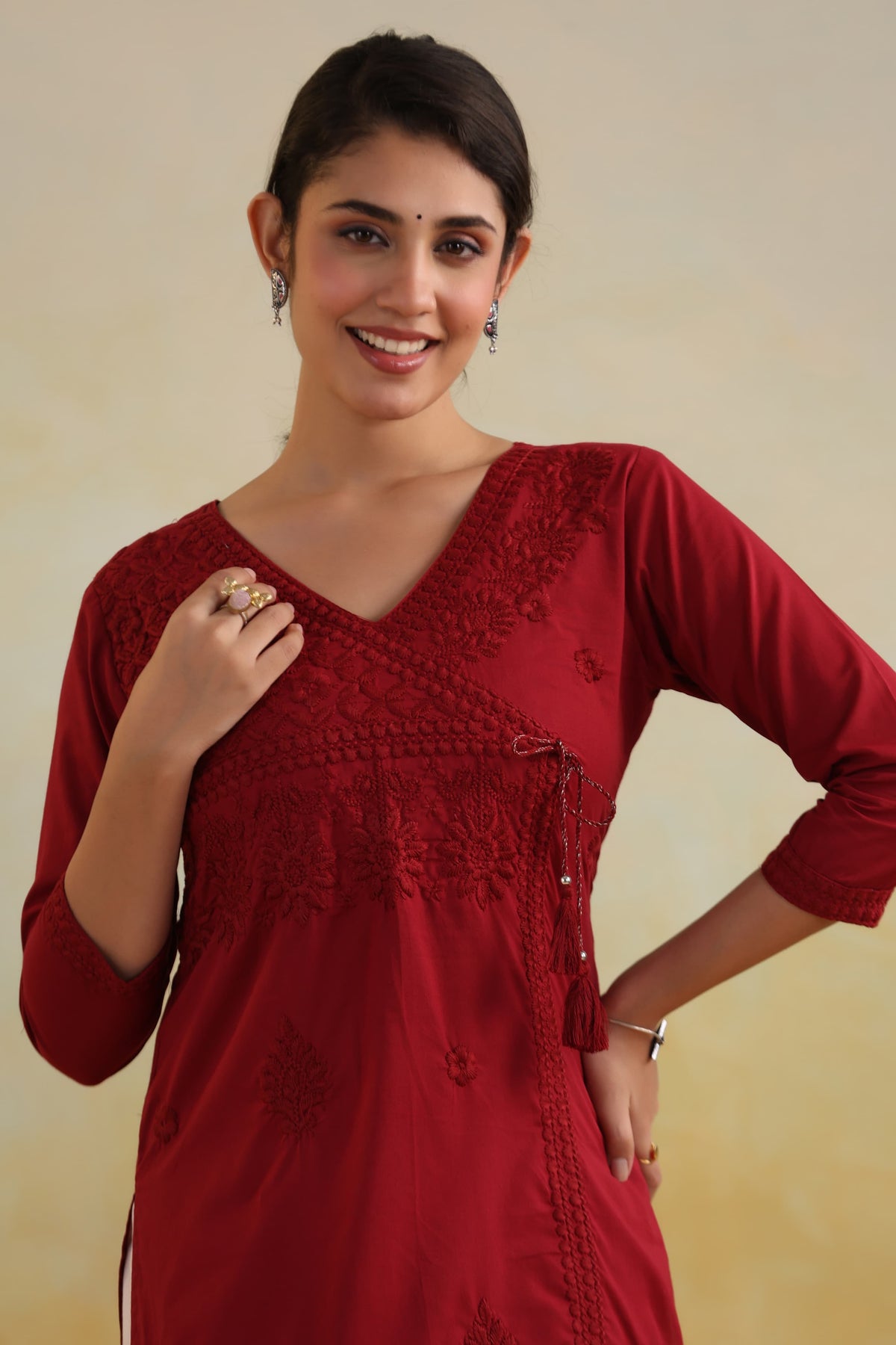 Pure cotton chikankari angraka kurta in red