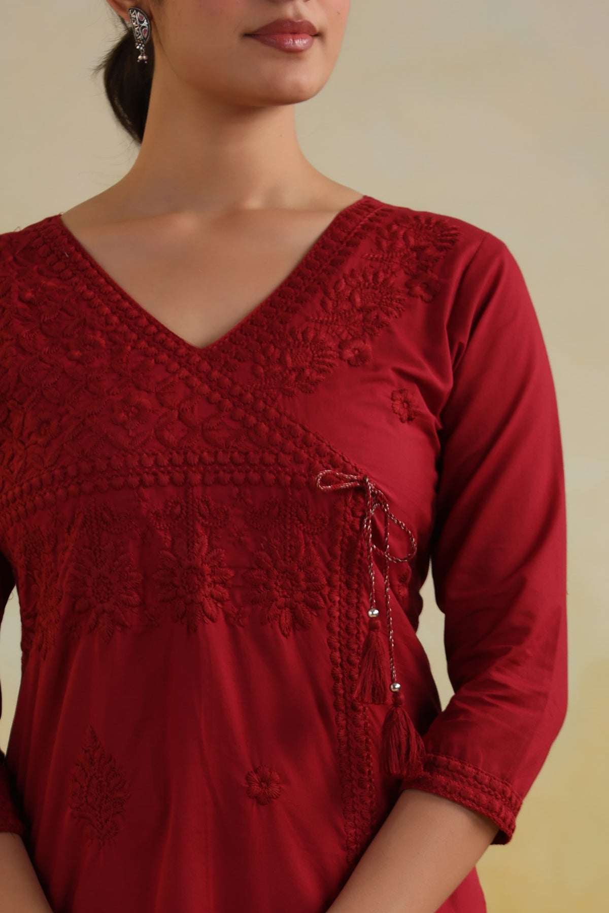 Pure cotton chikankari angraka kurta in red
