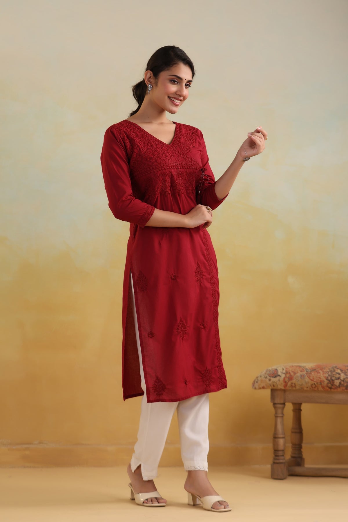 Pure cotton chikankari angraka kurta in red