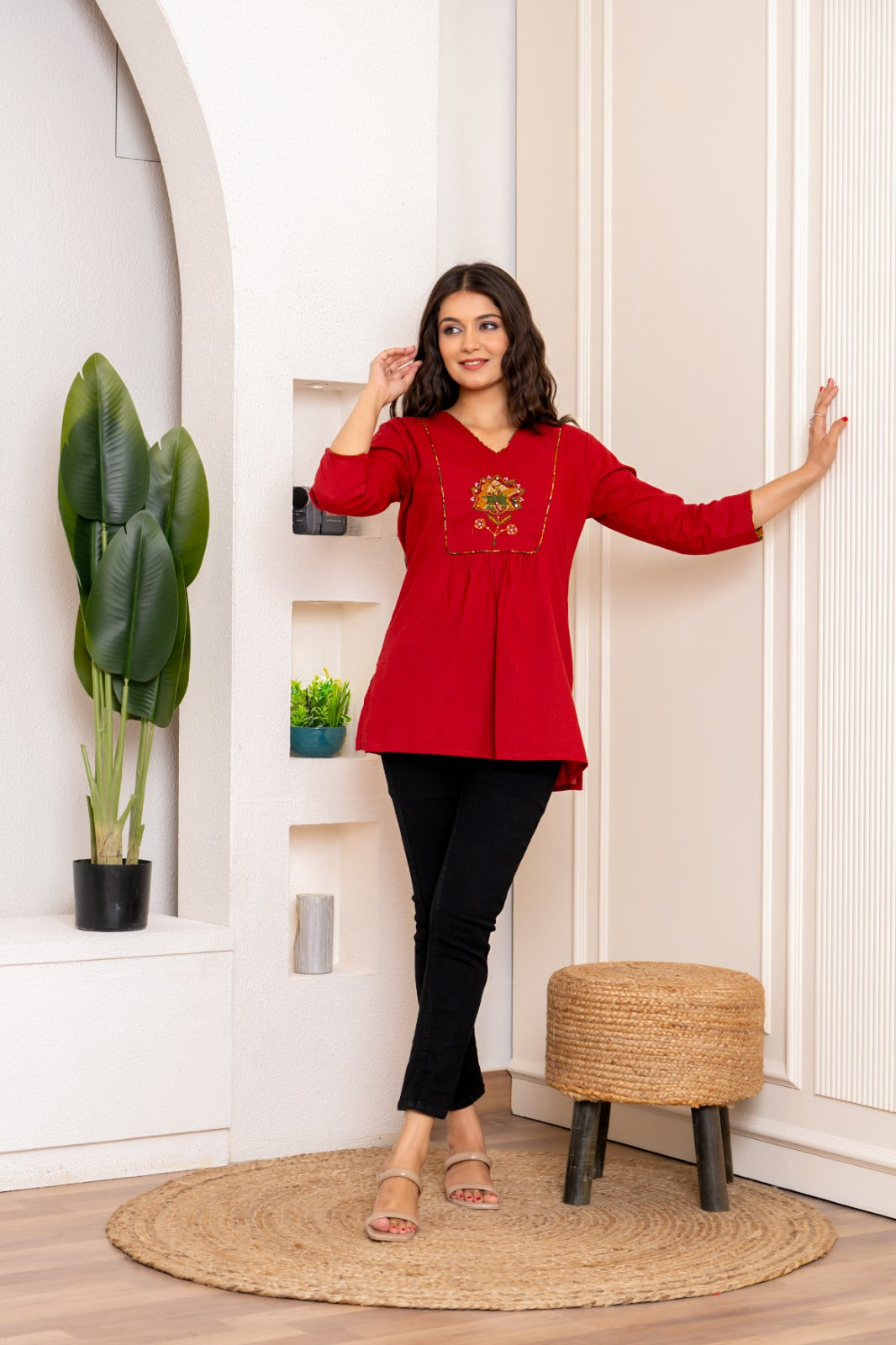 Red cotton appliqué work short top